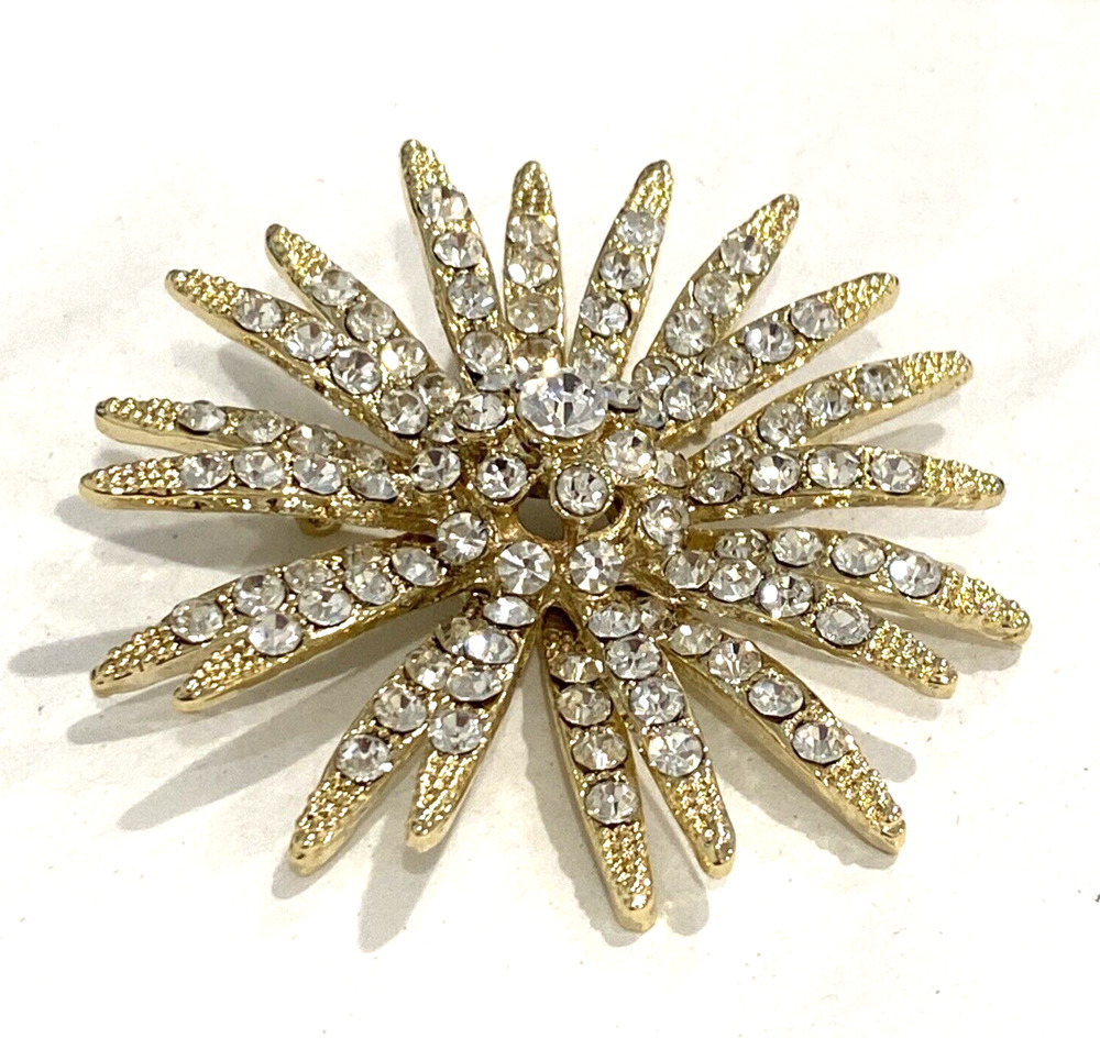Statement Brooch gold tone starburst splash white rhinestones vintage retro pin